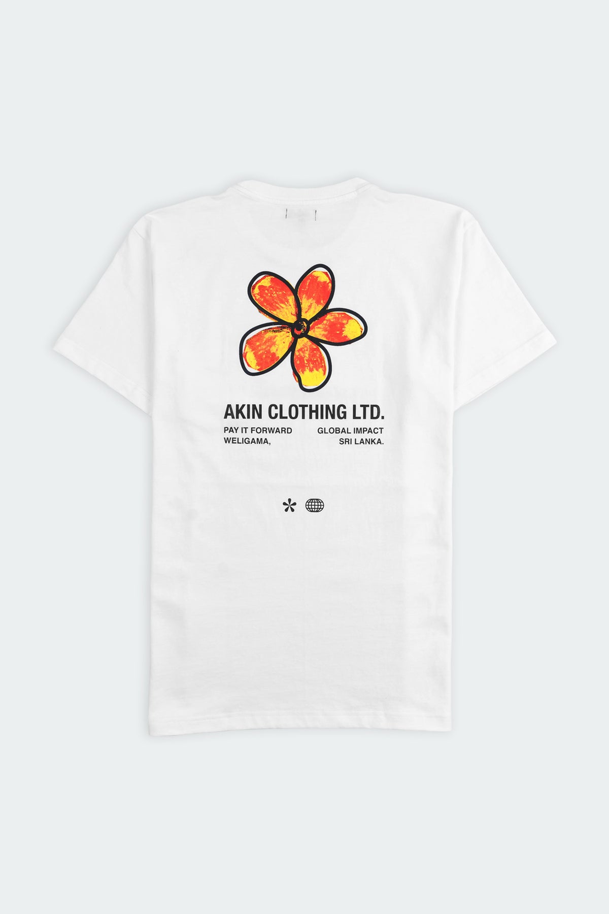 Ceylon Bloom white t-shirt, large colourful tropical flower graphic and Akin Clothing Ltd text on front
