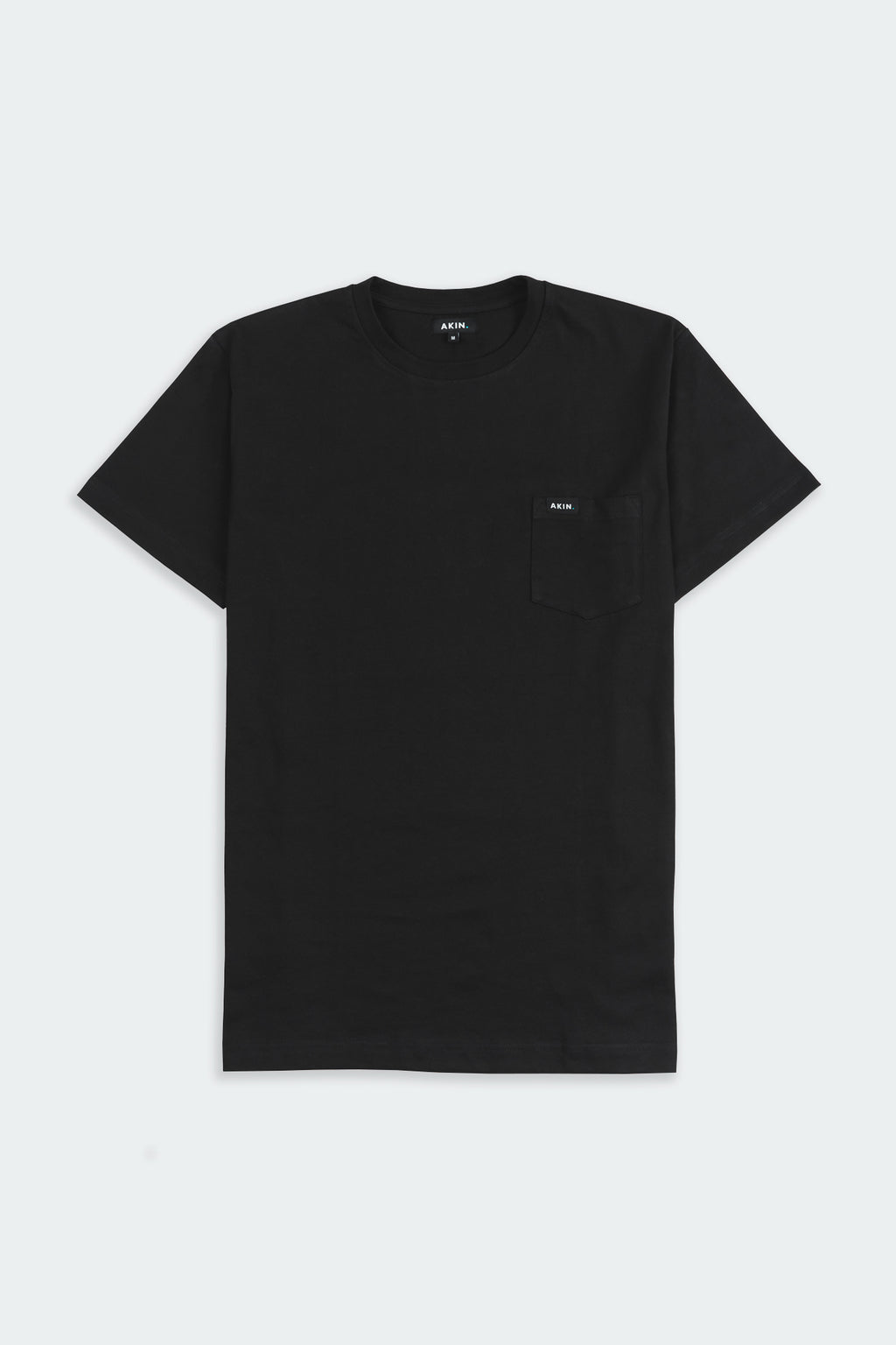 Black Essential Pocket T-Shirt flat lay, front view with small black Akin label on chest pocket