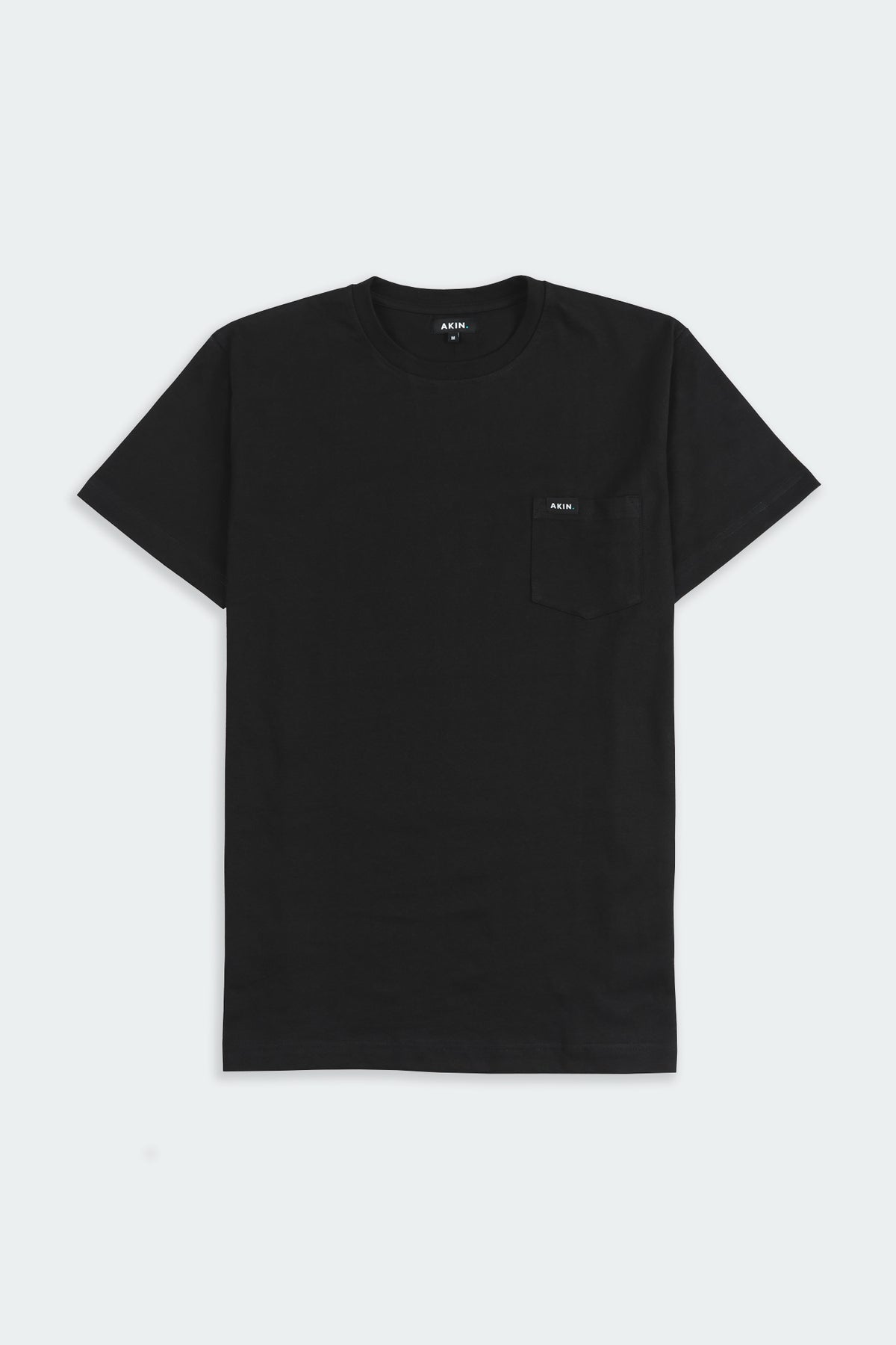 Black Essential Pocket T-Shirt flat lay, front view with small black Akin label on chest pocket