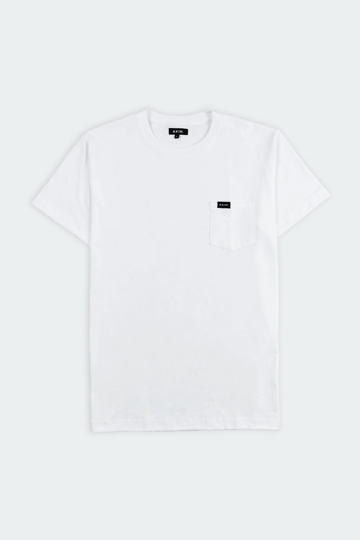 White Essential Pocket T-Shirt flat lay, front view with small black Akin label on chest pocket