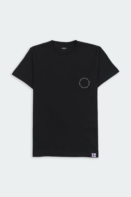 Black Faroe Islands Surf Guide x Akin pocket t-shirt, front view with circular chest graphic