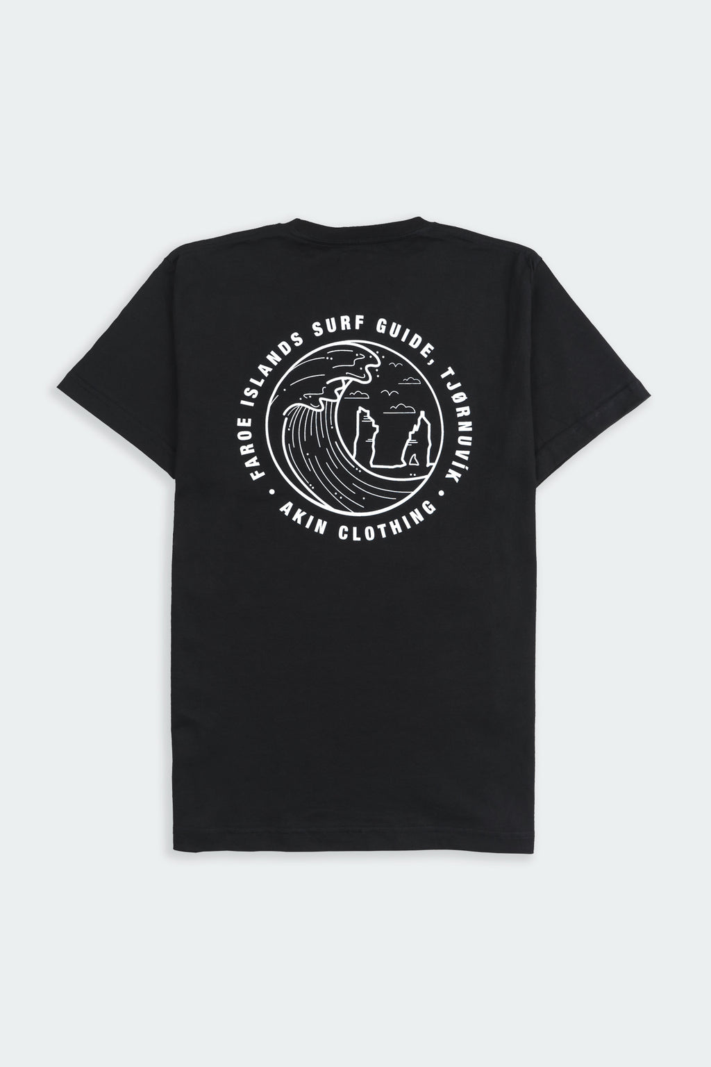 Back view of black Faroe Islands Surf Guide x Akin t-shirt with circular wave graphic