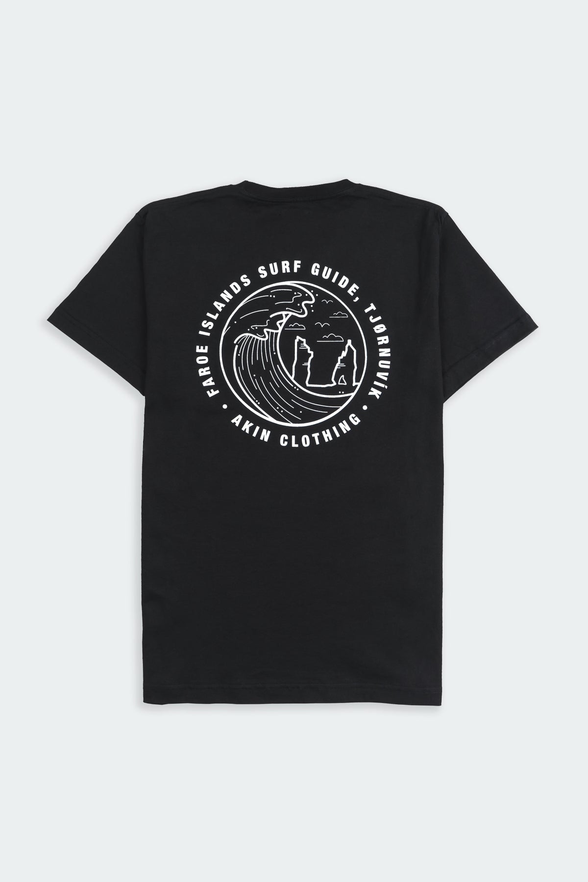 Back view of black Faroe Islands Surf Guide x Akin t-shirt with circular wave graphic