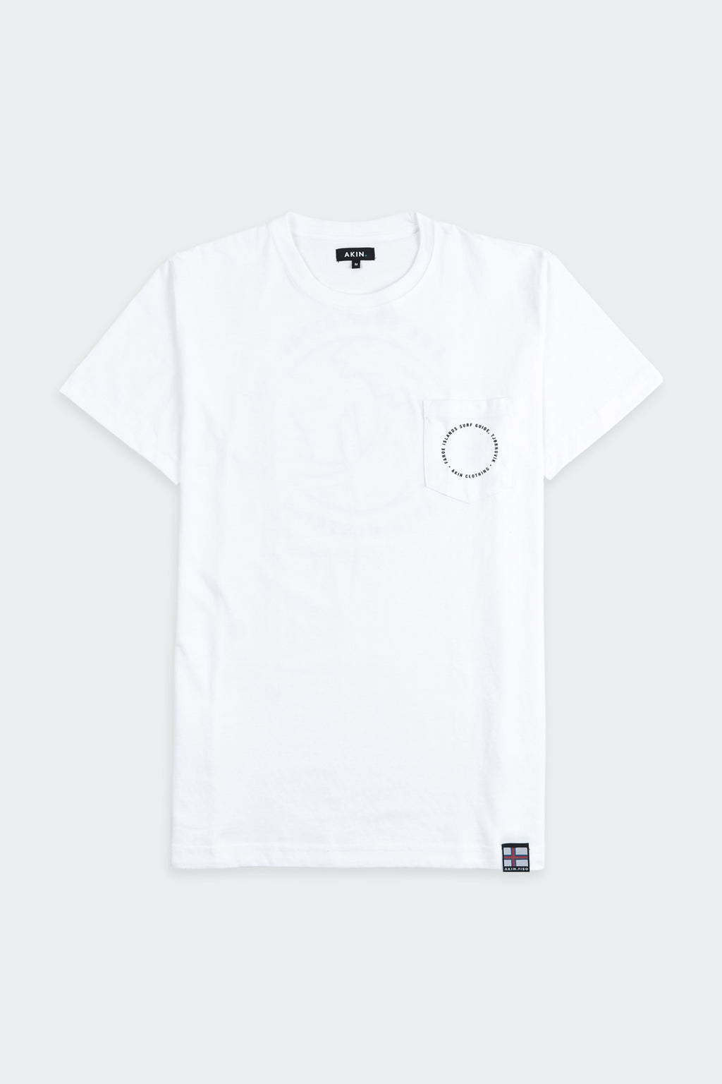White Faroe Islands Surf Guide x Akin pocket t-shirt, front view with circular chest graphic