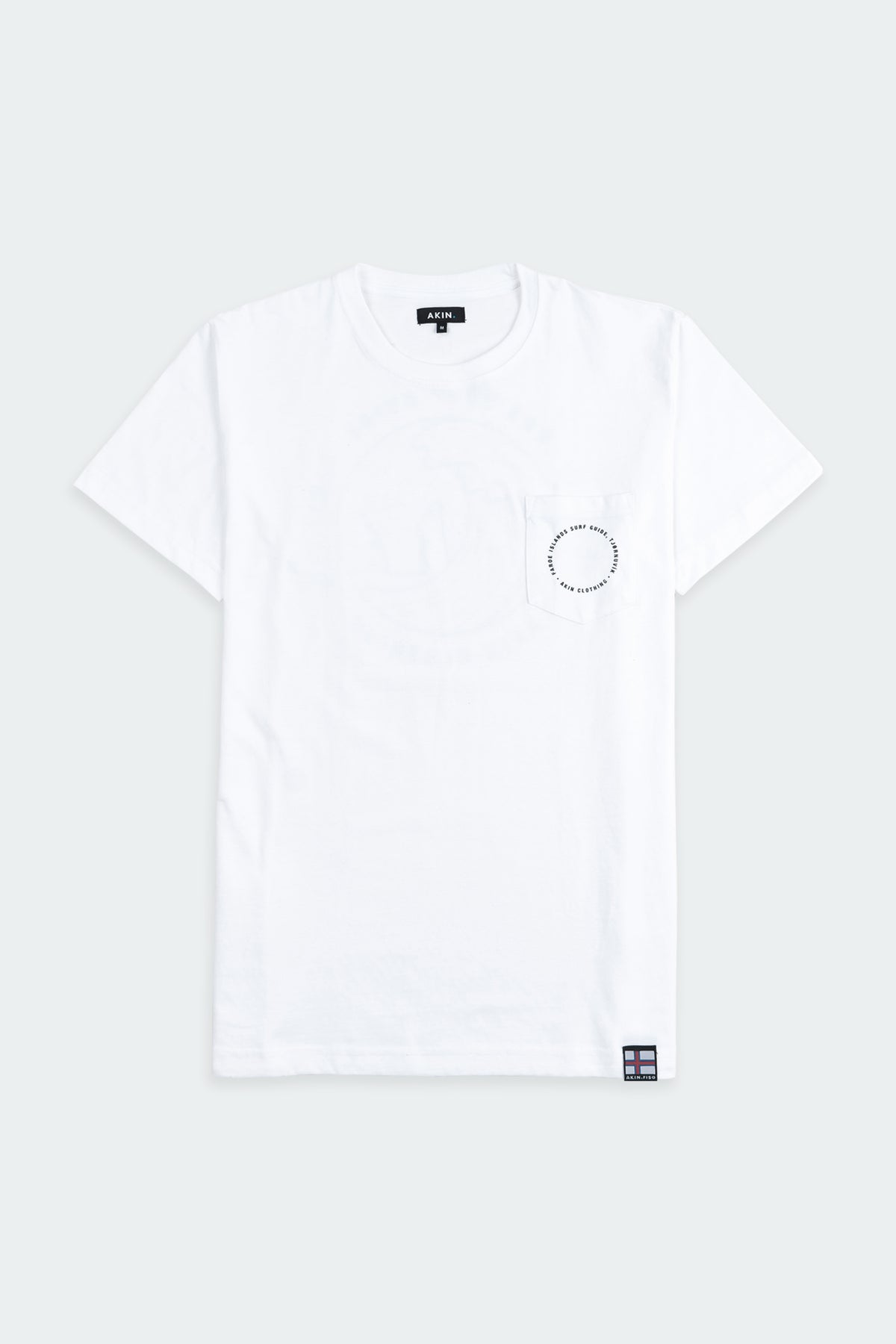 White Faroe Islands Surf Guide x Akin pocket t-shirt, front view with circular chest graphic