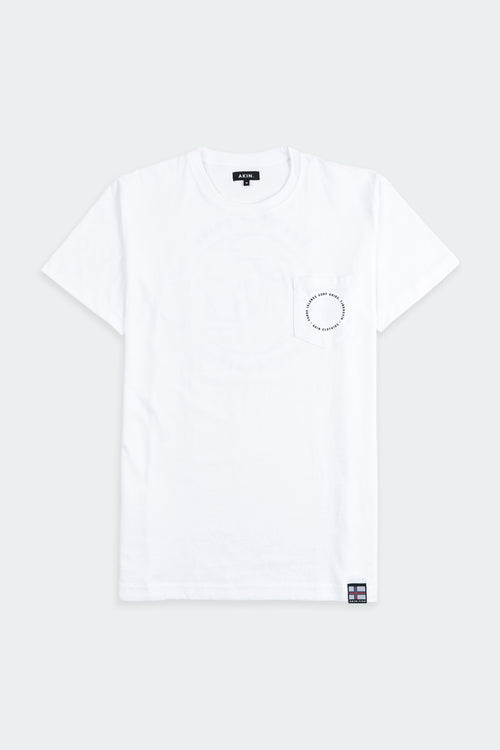 White Faroe Islands Surf Guide x Akin pocket t-shirt, front view with circular chest graphic
