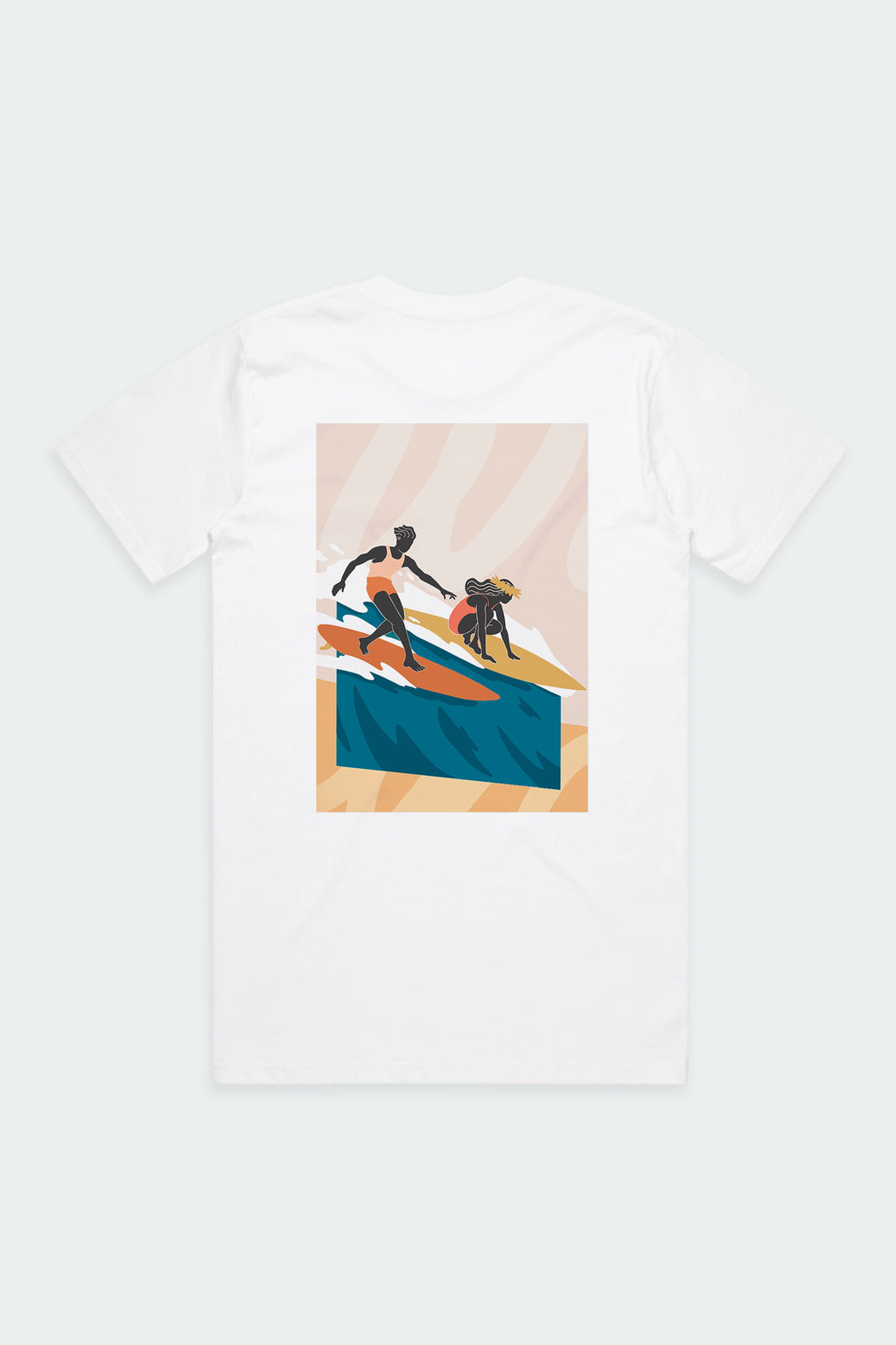 Jack Soren x Akin white t-shirt featuring illustrated surfer duo artwork print on front