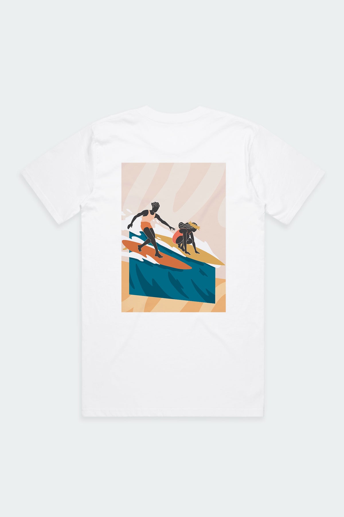 Jack Soren x Akin white t-shirt featuring illustrated surfer duo artwork print on front