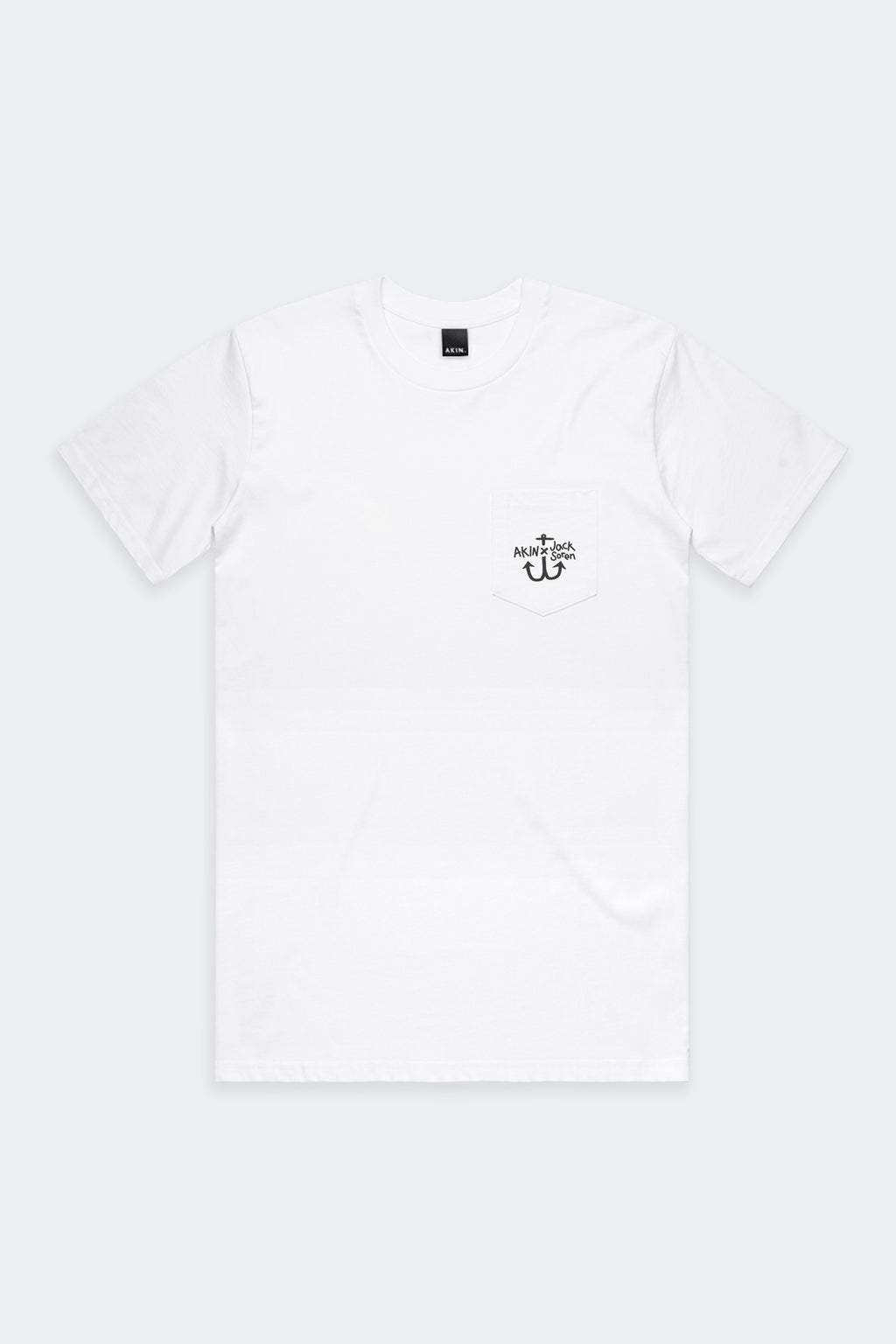 Jack Soren x Akin white pocket t-shirt, front view with Akin x Jack Soren anchor chest logo