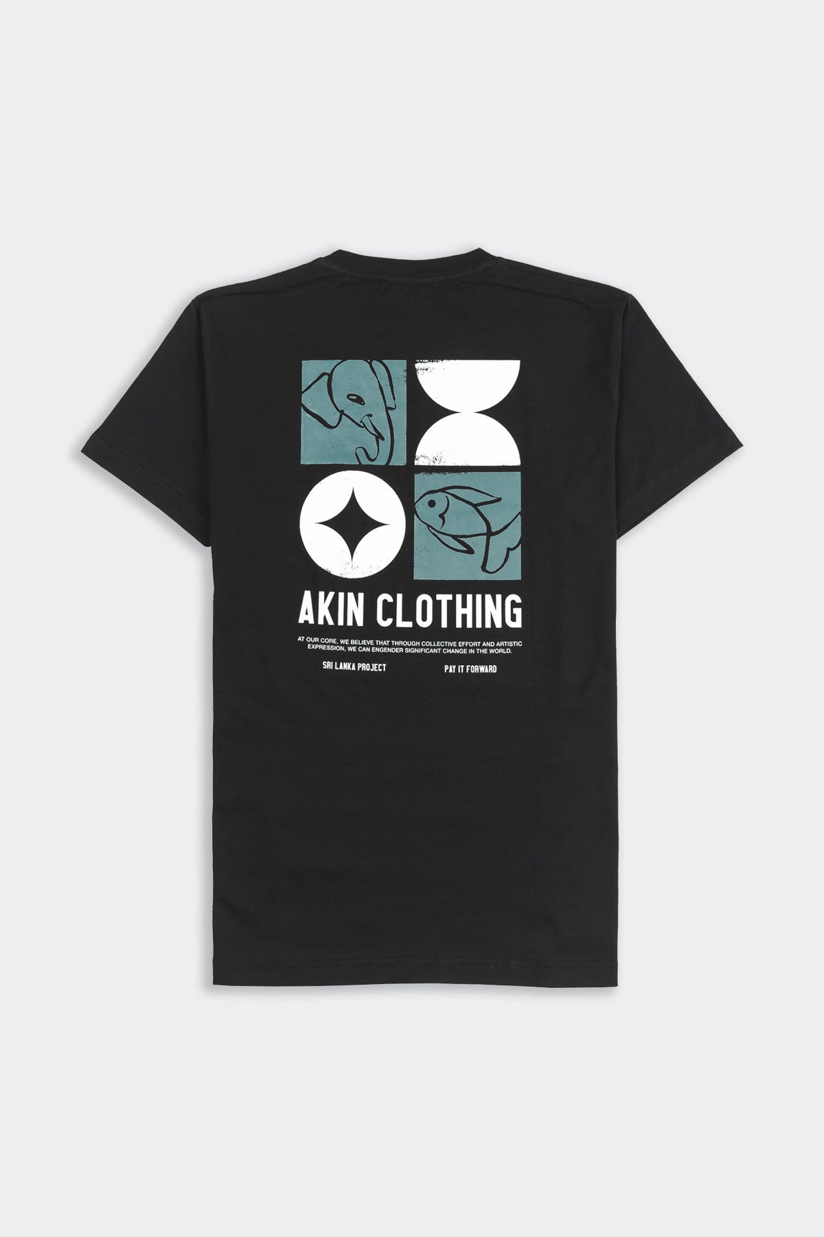 Sahan Pocket T-Shirt black, back view with four-panel teal illustration and Akin Clothing text print