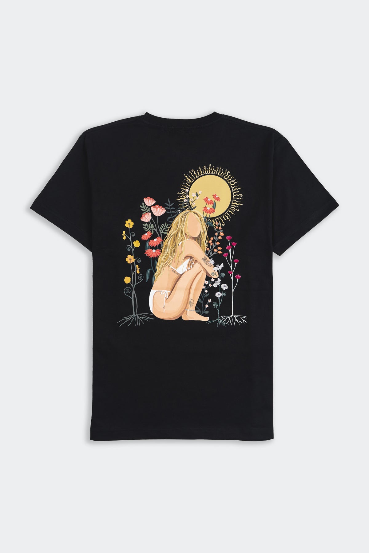 Tarn Ellis x Akin black t-shirt, large botanical illustration of a woman with sun halo and flowers on front
