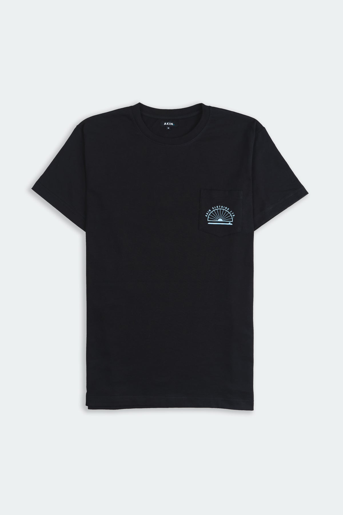 Black Weligama Journey pocket t-shirt, front view with sunrise and wave chest graphic