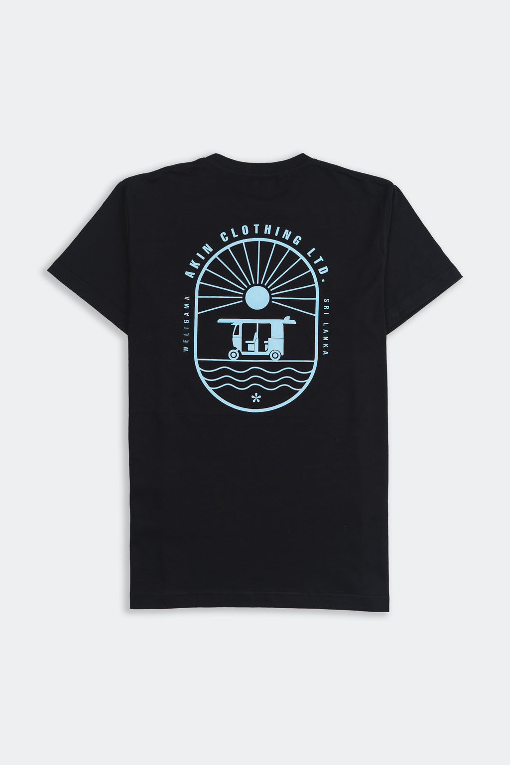 Back view of black Weligama Journey t-shirt with tuk-tuk and wave oval graphic