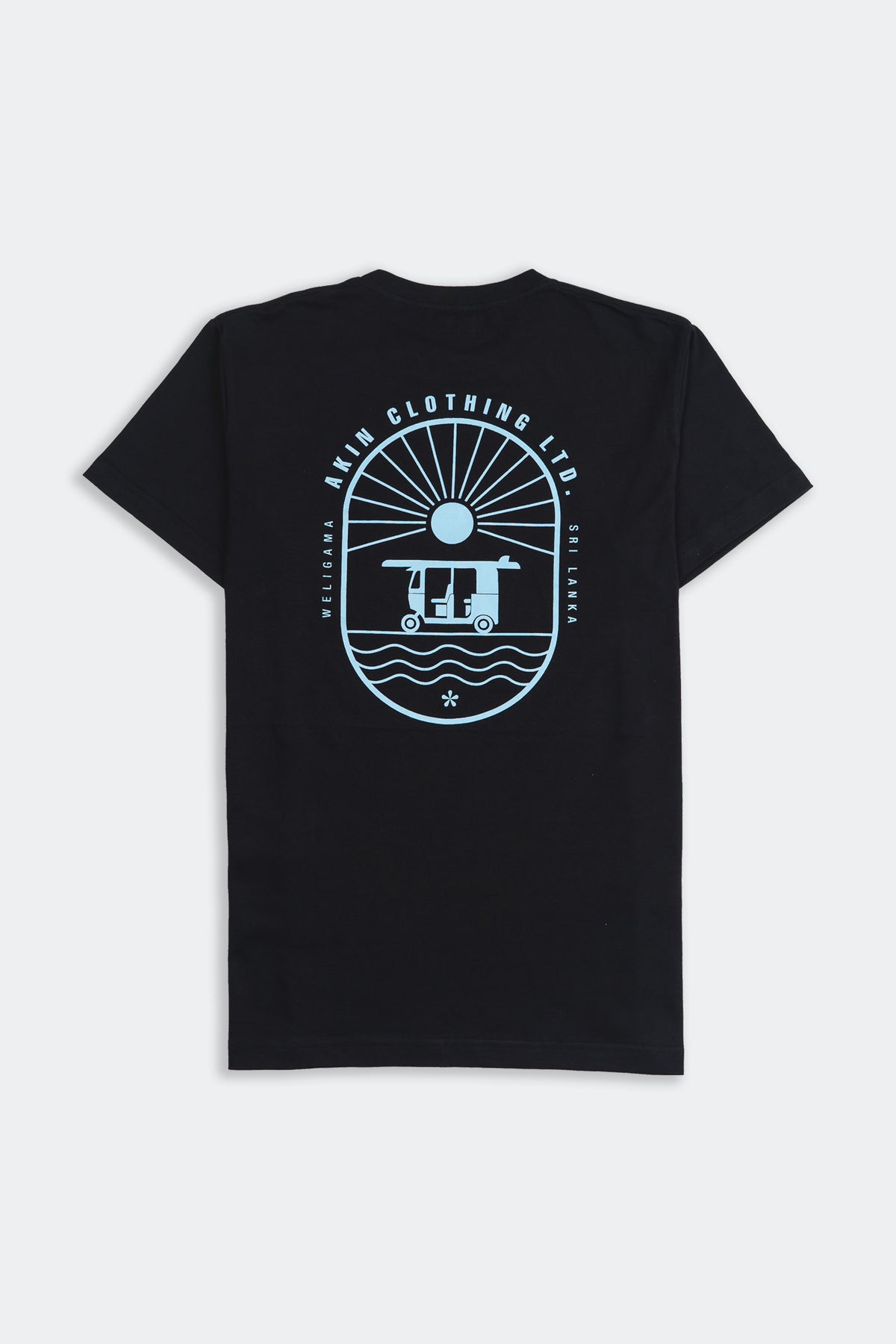 Back view of black Weligama Journey t-shirt with tuk-tuk and wave oval graphic